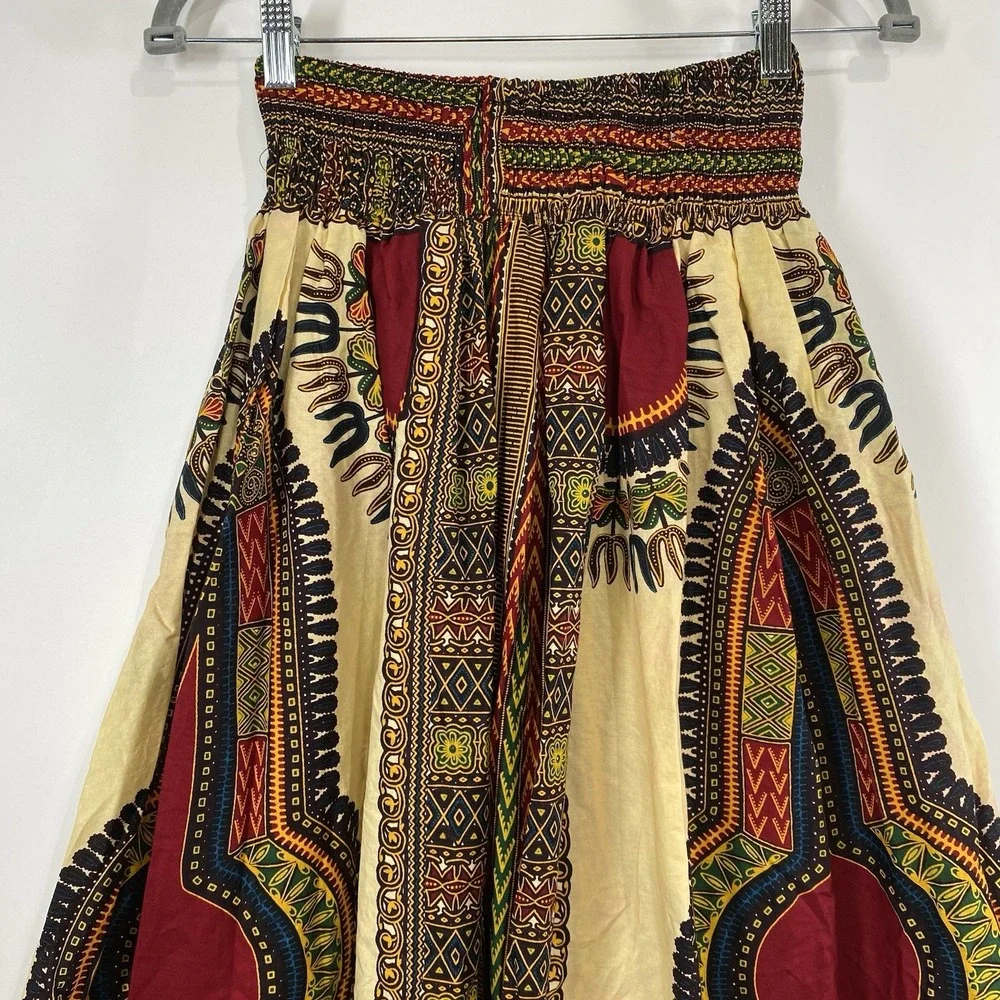 African Print Womens Tie Front Long Maxi Skirt Size S Pockets Festival Colorful